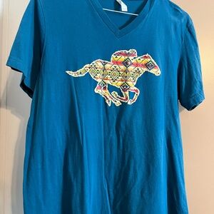 Blue V-Neck T-Shirt with Colorful Horse Design